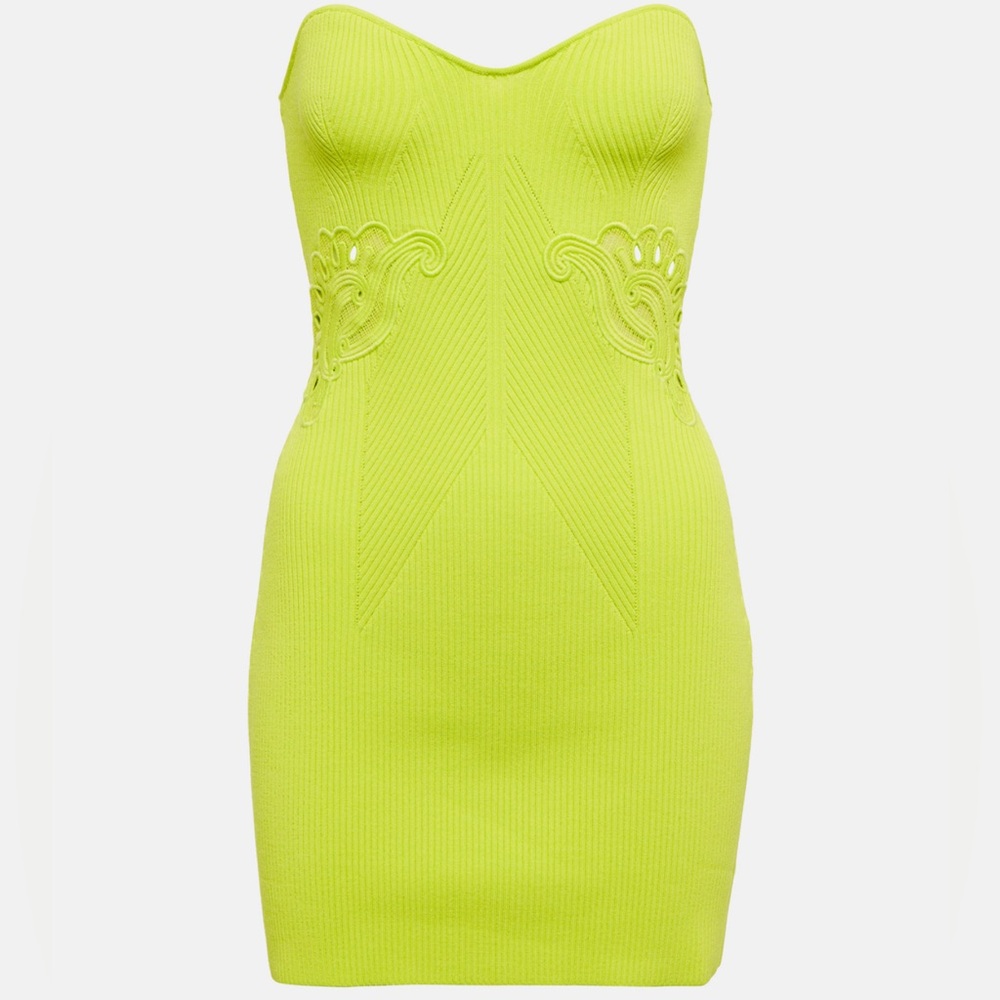 NWT SELF-PORTRAIT Lace-trimmed ribbed-knit minidress Large Lime